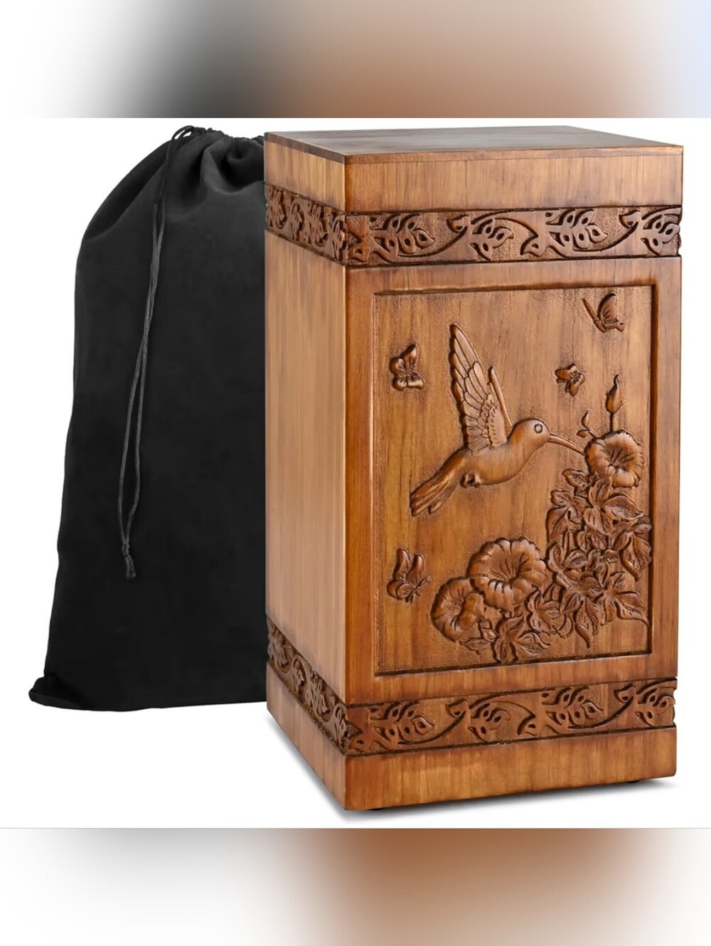 NWT Hand-Carved Hummingbird Wooden Urn/Keepsake Box